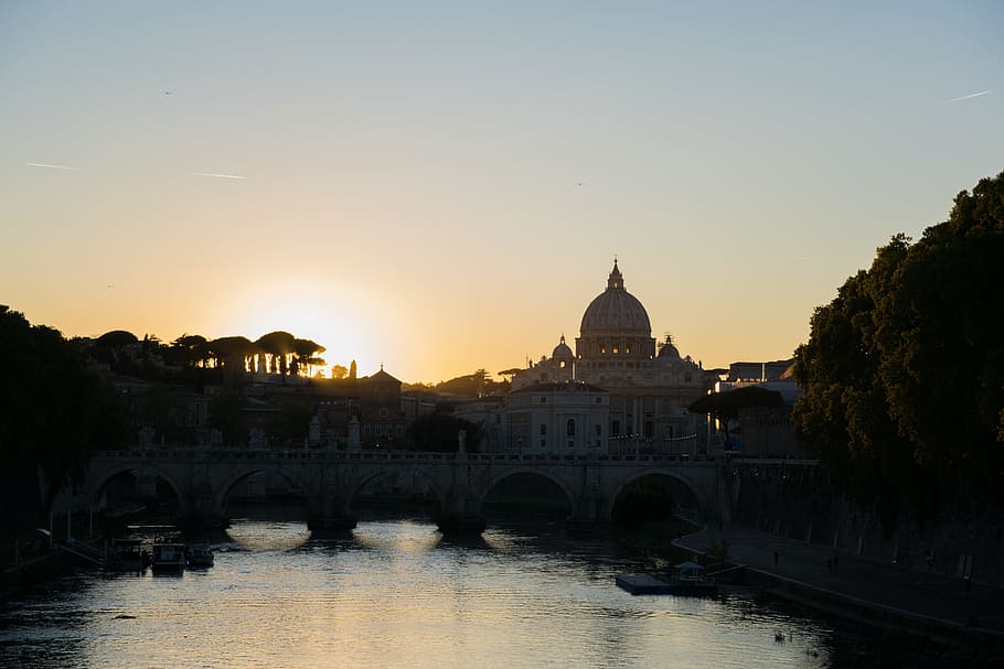 rome, vatican, tiber, sunset, built structure, architecture, water, building exterior, sky, river