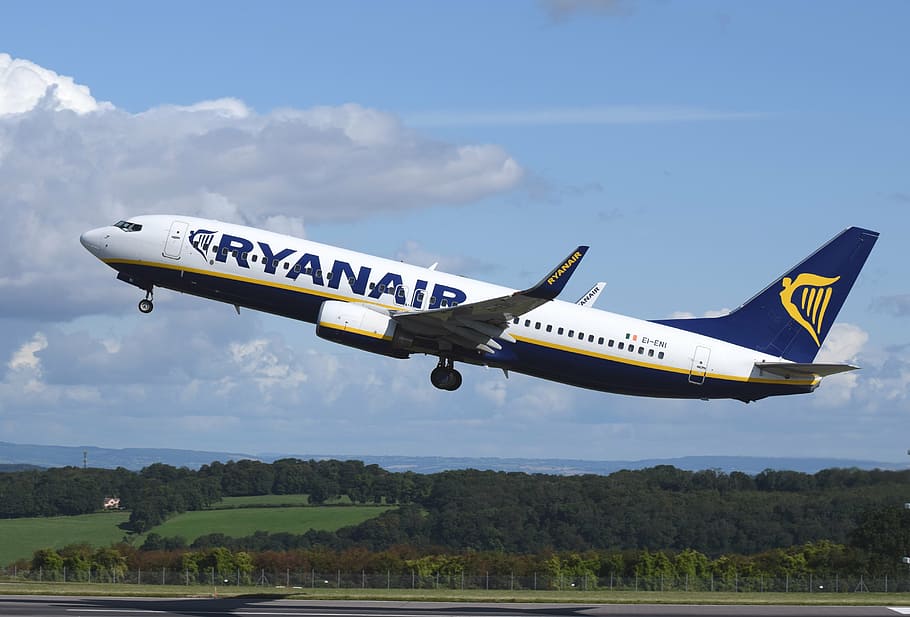 time lapse photography, blue, white, ryanair, commercial, airplane, aircraft, airline, jet, takeoff