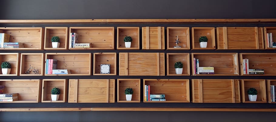 móveis, madeira, estética, interior, casa, prateleira, estante, livros, contemporânea, livro