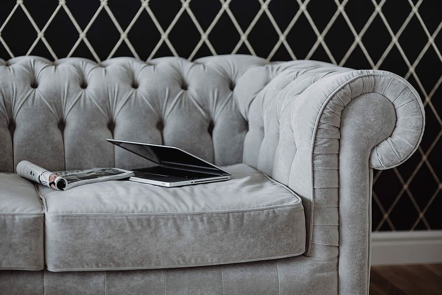 grey, sofa, laptop, magazine, Elegant, iPhone, furniture, style, couch, fancy
