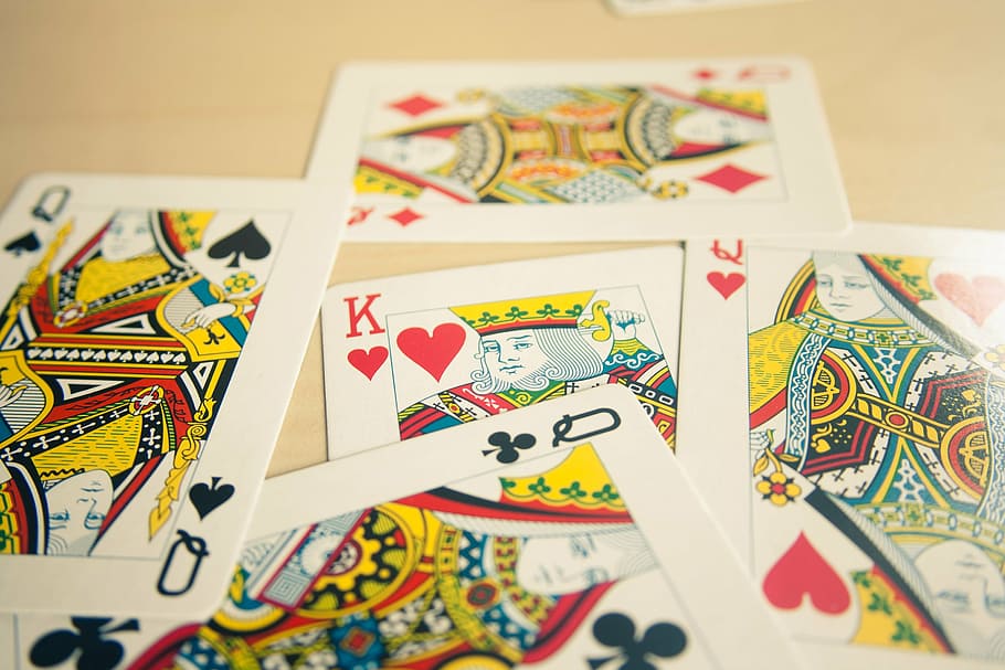 cuatro, reina, uno, jack, jugando, cartas, baraja, reyes, reinas, casino