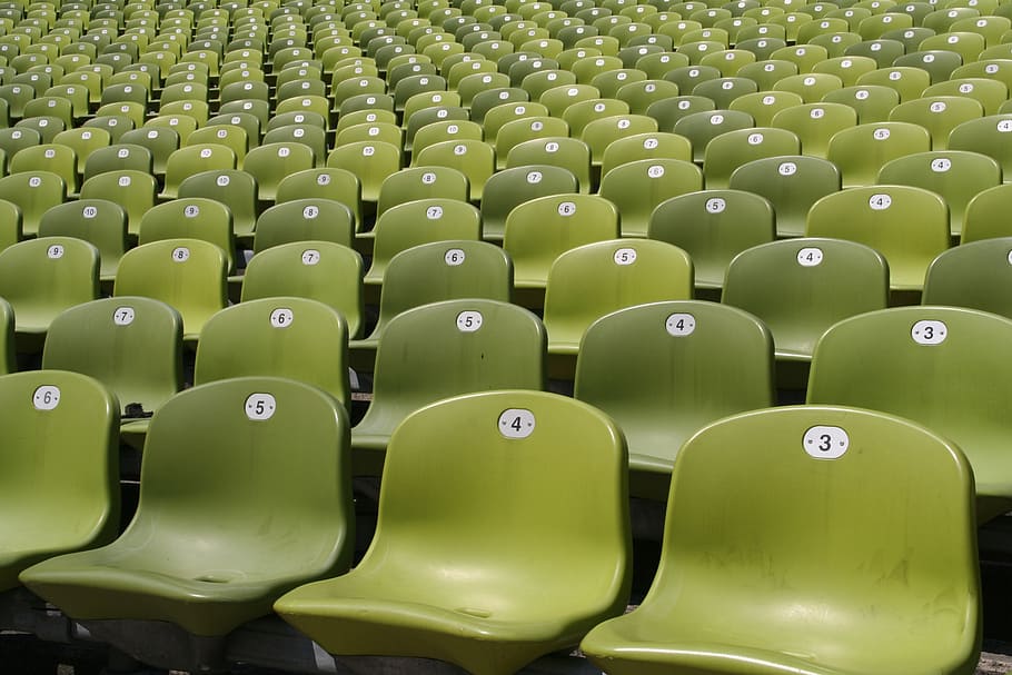 verde, lote de sillas sin brazos, estadio, sentarse, plástico, colorido, munich, estadio olímpico, en una fila, asiento