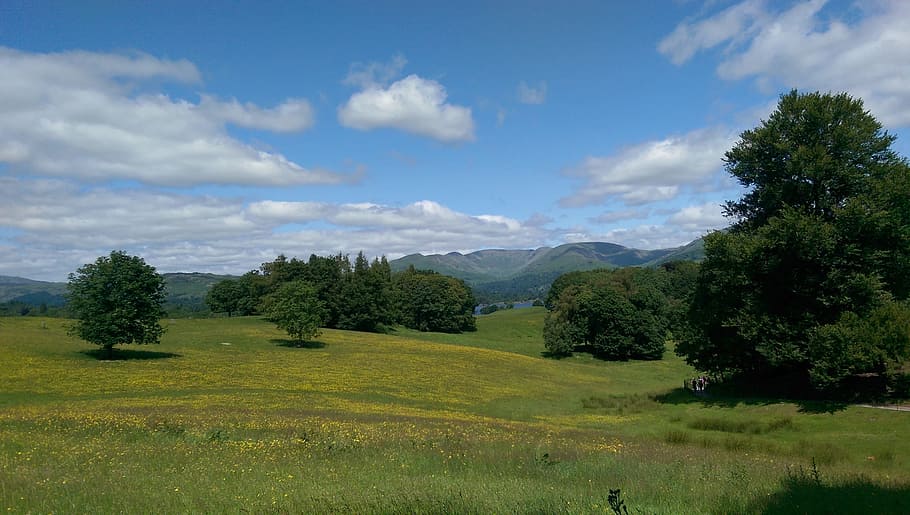 landscape, blue sky, the nature of the, sky, england, the lake district, mountain, grass, green, trees