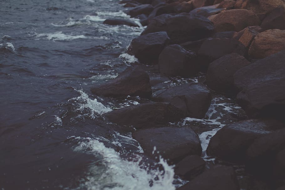 body, water, rock formation, sunrise, photograph, near, rocks, waves, splash, coast
