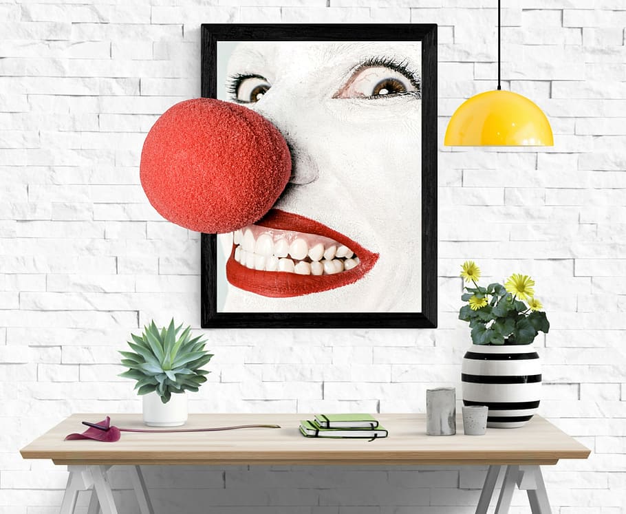 red, black, 3d, painting, clown, actor, nose, room, funny, circus
