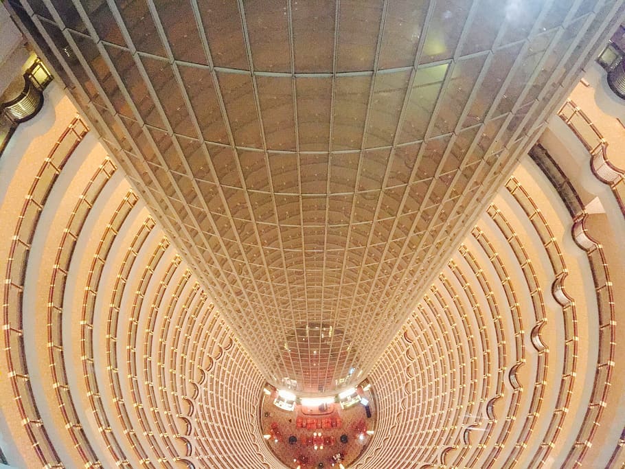 Jin Mao Tower, Shanghai, Skyscraper, architecture, ceiling, indoors, built Structure, architecture And Buildings, famous Place, illuminated