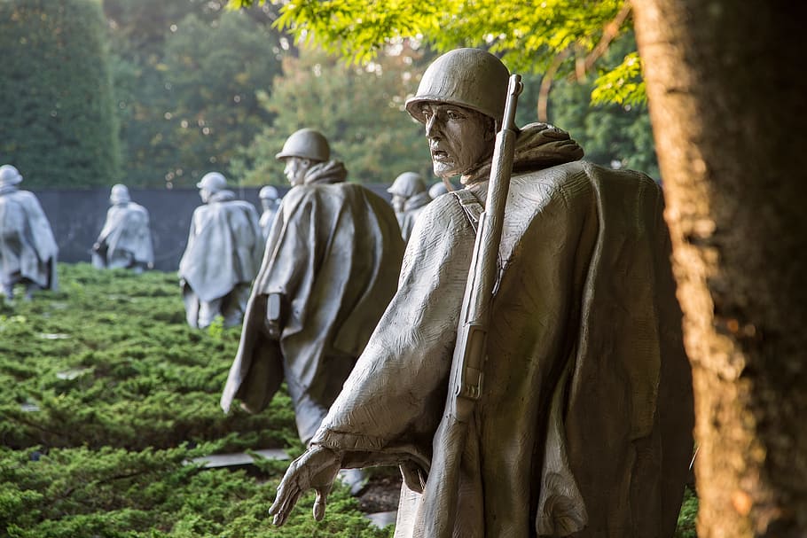 Memorial da Guerra da Coréia, Washington DC, soldados, exército, estátuas, shopping nacional, lembrança, honra, árvore, estátua