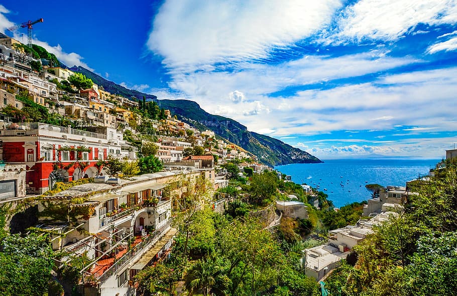 village houses, body, water, mountains painting, amalfi coast, italy, positano, sorrento, amalfi, italian