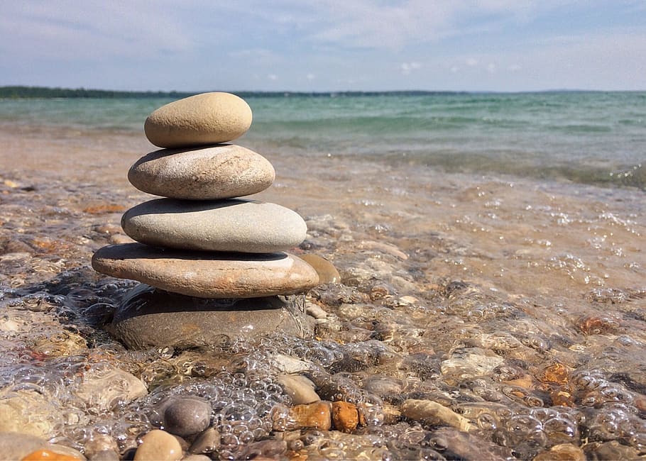 apiladas, piedras, litoral, durante el día, roca, equilibrio, naturaleza, zen, pila, piedra