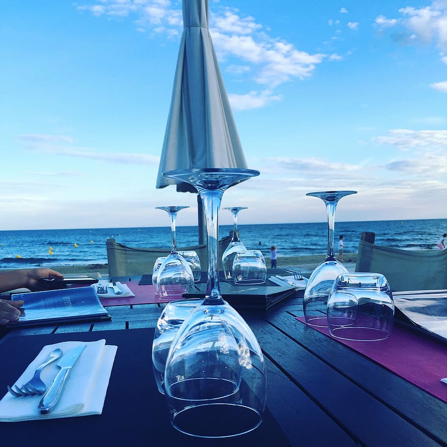 clear, wine glasses, body, water, beach, restaurant, summer, travel, vacation, bar