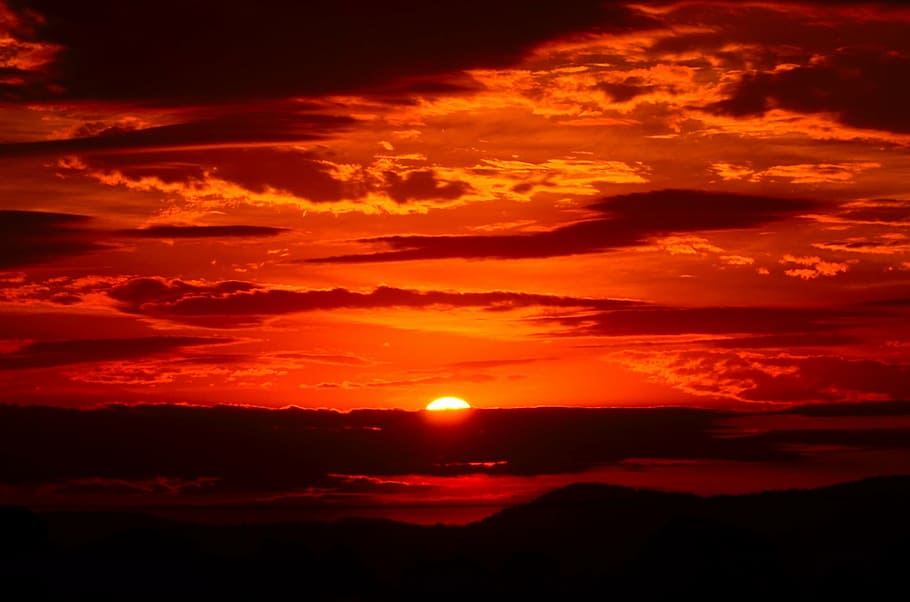 silhouette, hills, golden, hours, sunset, red, sky, fiery, orange, clouds