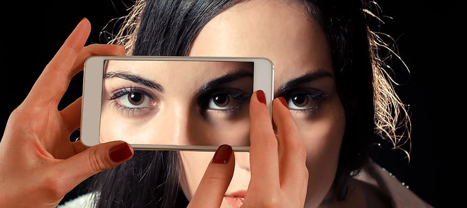 woman, taking, eyes, smartphone, face, view, double, third eye, philosophy, hand