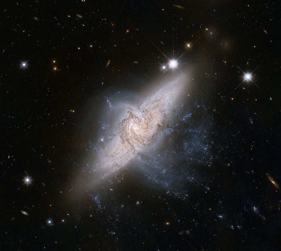 galáxias, galáxias sobrepostas, ngc 3314, visão hubble, telescópio espacial, espiral, estrelas, poeira, espaço, estrela - espaço
