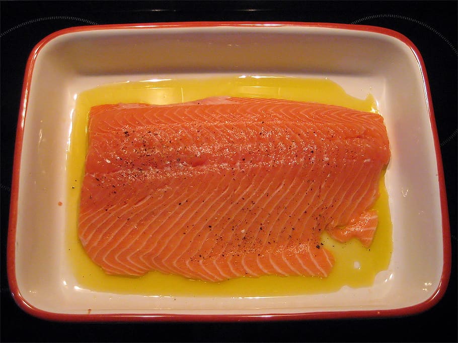 salmon, salmon fillet, wild salmon, baking dish, cook, eat, food, fresh, proteins, protein