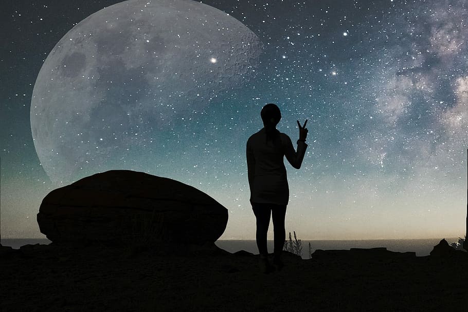 silhouette, man, peace sign, people, moon, one, astronomy, adult, exploration, sky