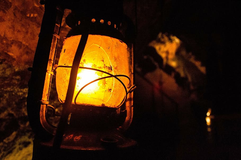 lighted lantern, lantern, dark, cavern, glow, metal, gas, old, lamp, light