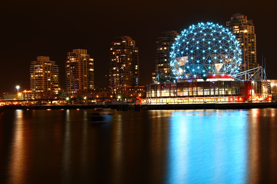 vancouver, bc, canada, science world, night, reflection, at night, city scape, architecture, city