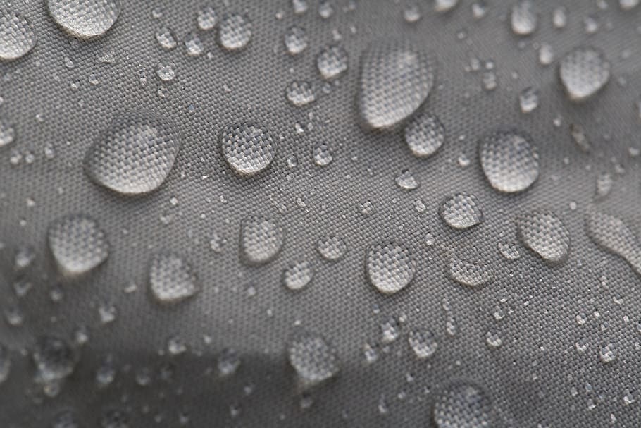 água, gotas, tecido, macro, textura, chuva, clima, úmido, cinza, trama