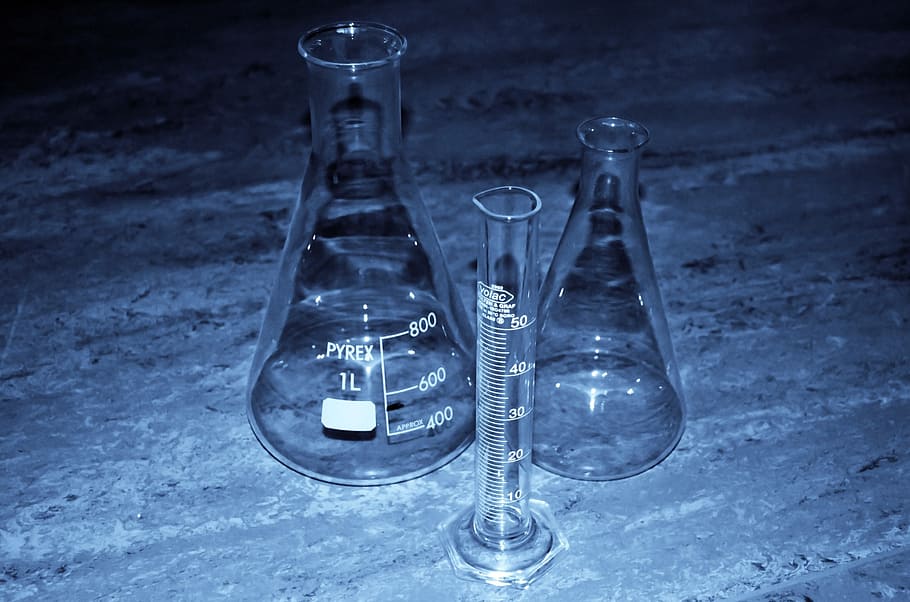 two, clear, glass beakers, analysis, analyze, beaker, biology, biotechnology, chemical, chemist