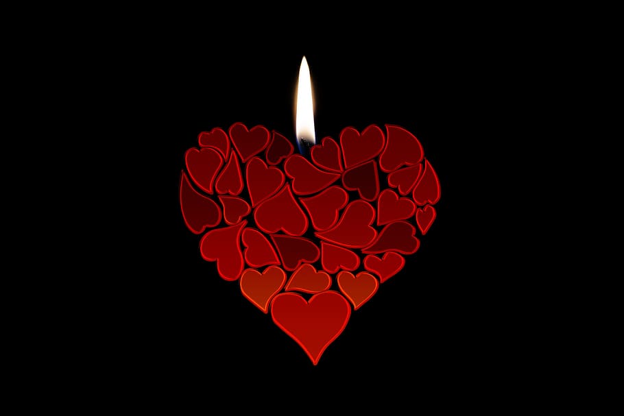 red, heart candle illustration, black, background, candle, heart, love, luck, abstract, relationship