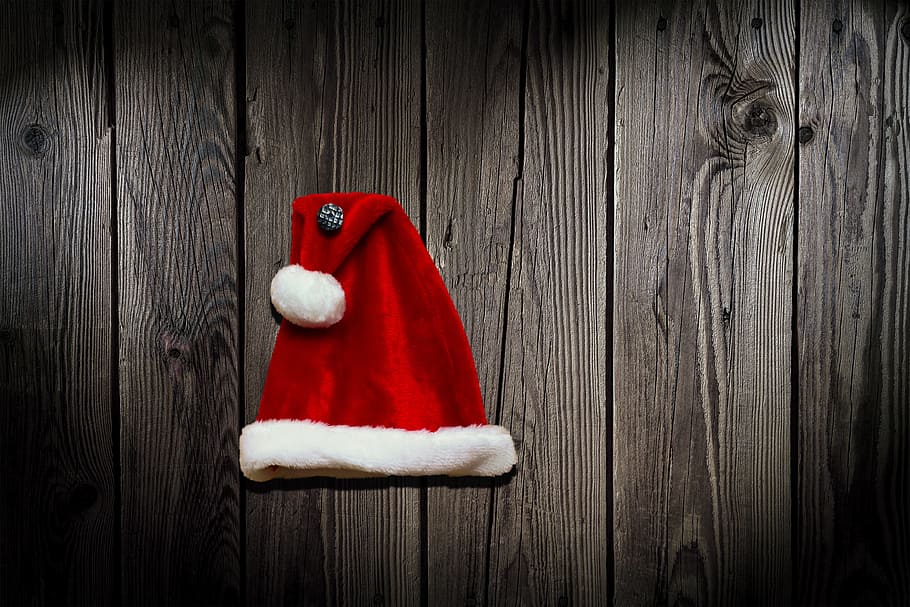 赤, サンタ帽子, トップ, グレー, 木材, キャップ, クリスマス, 背景, 冬, 寒さ