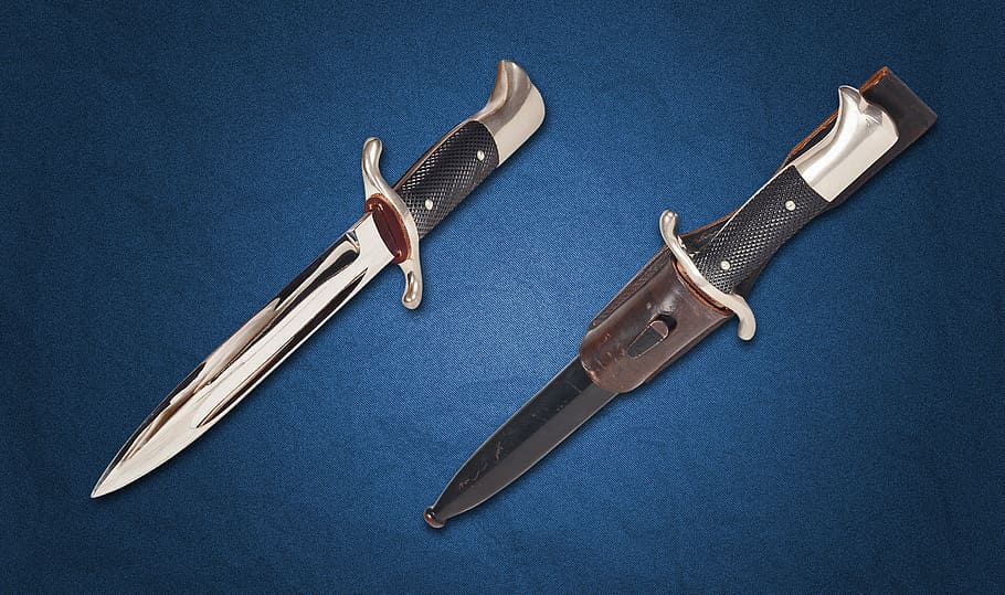 two, silver, black, dagger, sheath, top, blue, surface, blade, steel arms