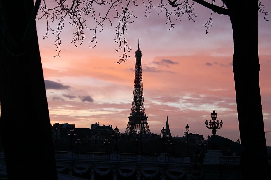 black, metal tower, sunset, eiffel tower, paris, silhouette, monument, sky, colorful, clouds