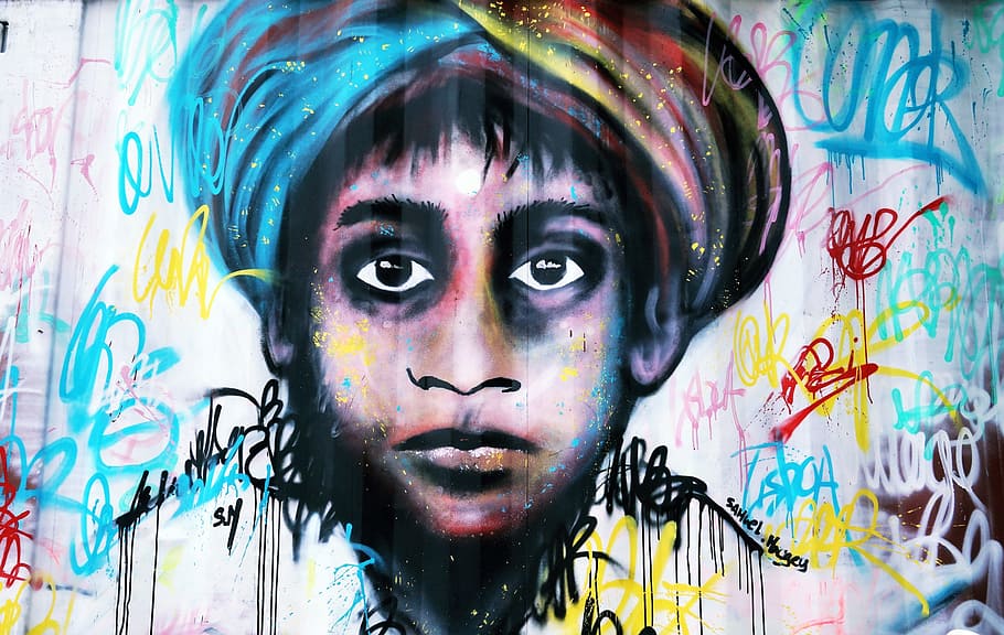 chico, blanco, pared, calle, arte, graffiti, lisboa, portugal, Retrato, multicolor