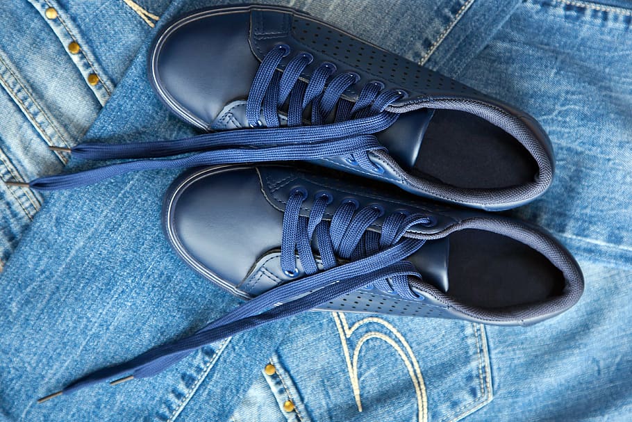 pair, black, leather low-top sneakers, jeans, gym shoes, shoe laces, blue, shoes, sports shoes, fashion