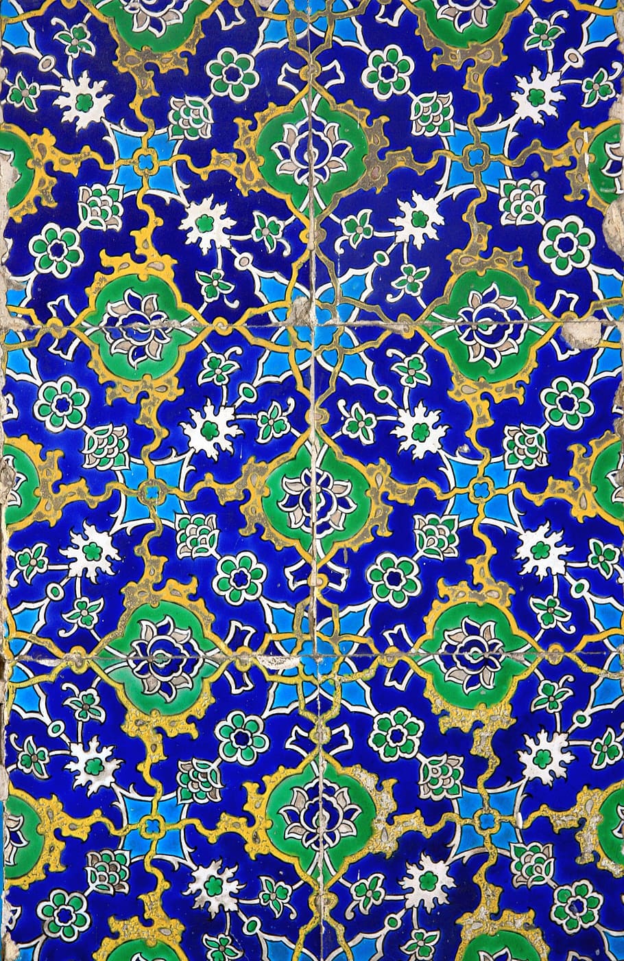 blue, green, white, floral, poster, abstract, arabesque, mosaic, pattern, full frame