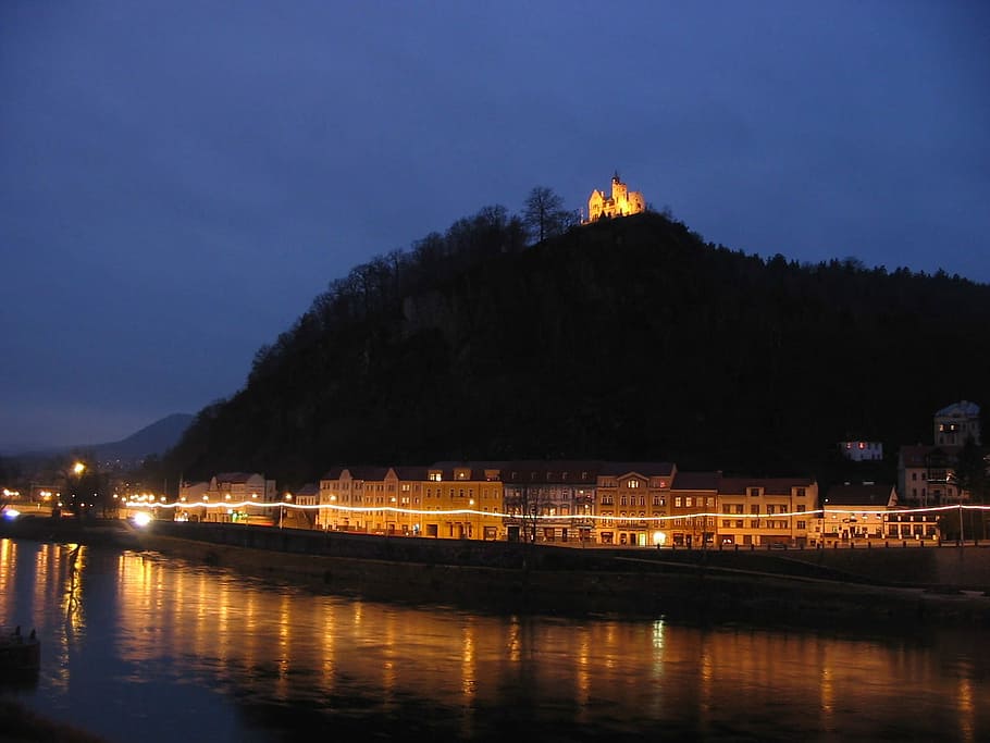 Evening, Decin, Czech Republic, hill, lights, night, public domain, water, architecture, dusk