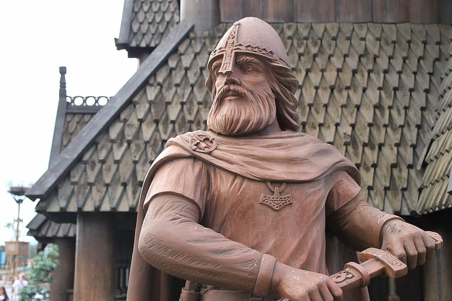 gladiator, holding, knife statue, house, viking, warrior, sword, helmet, scandinavian, architecture