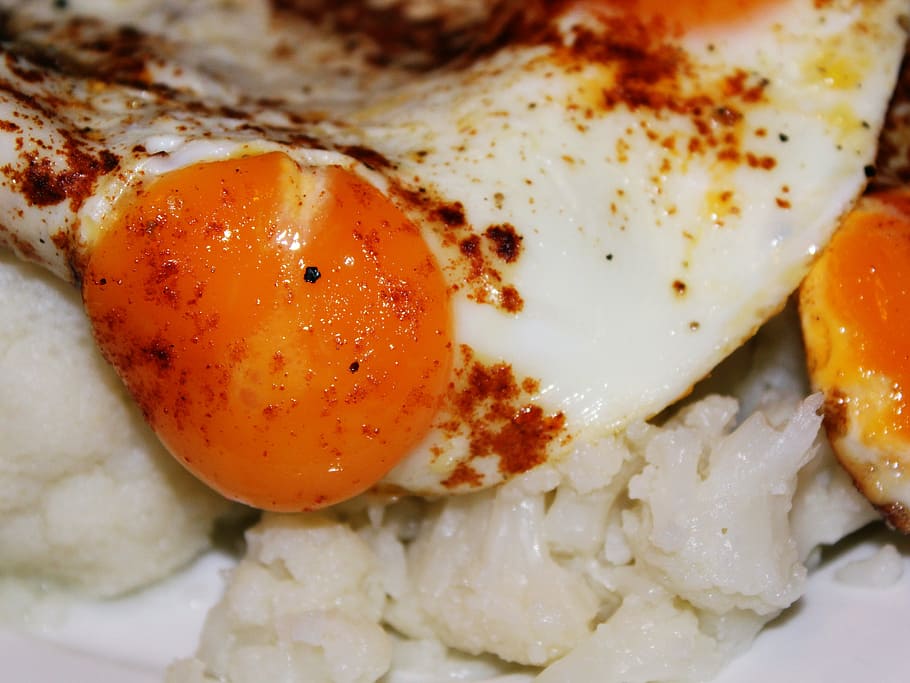 egg, yolk, fried, cauliflower, lunch, abendbrot, meal, food, warm, spices