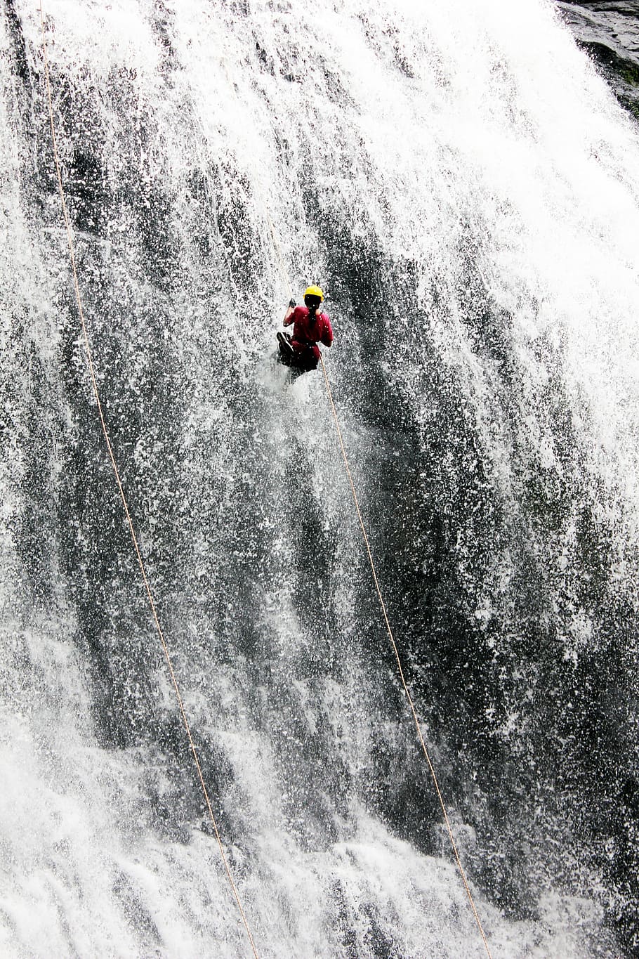 waterfall, man, climbing, rappelling, abseiling, sport, nature, motion, day, nautical vessel