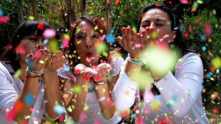 three, woman, blowing, assorted-color confettis, people, happy, happy people, joy, friendship, love