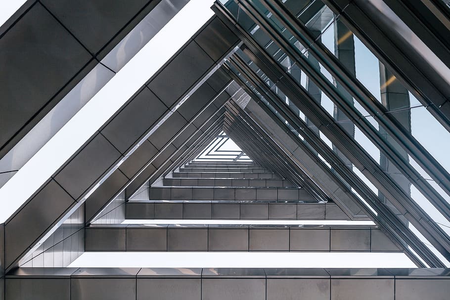 architecture, triangles, modern, patterns, structure, building, city, urban, metal, windows