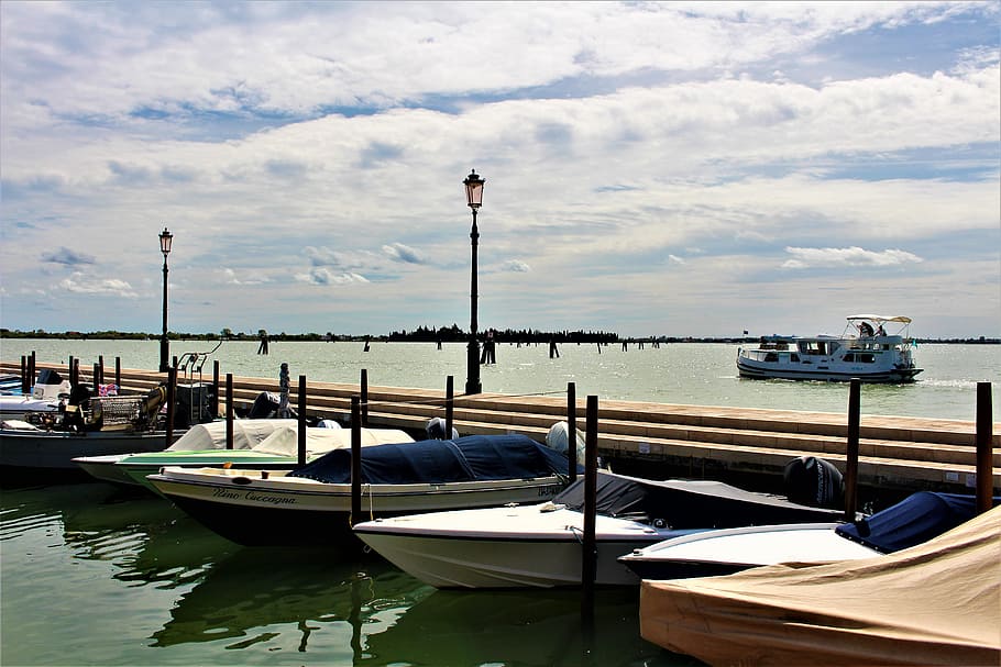 Venecia, laguna, barcos, mar, agua, puente, pir, barco, vista, isla