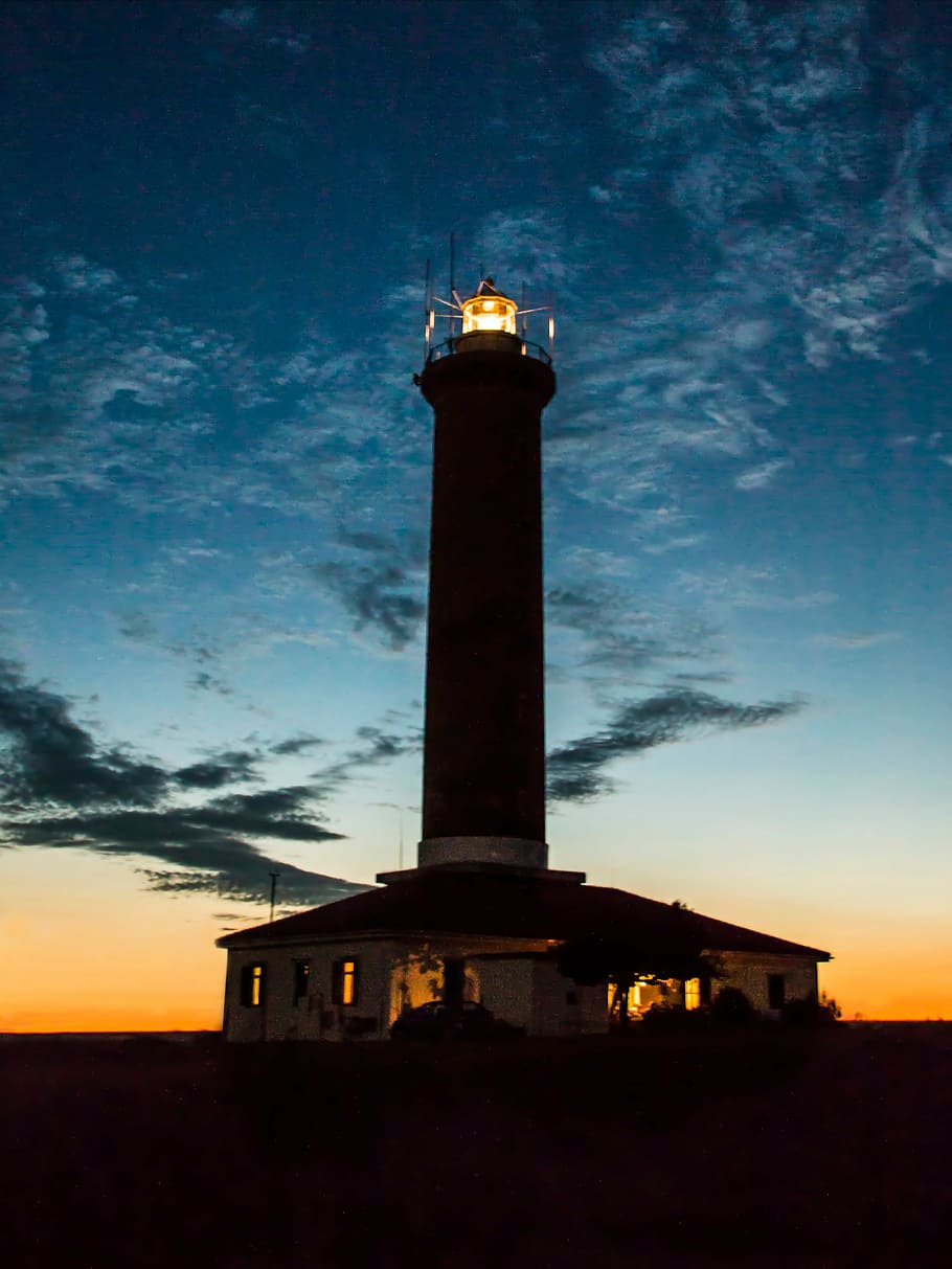 white, brown, lighthouse, sunset, night, time, wall, dark, sky, clouds