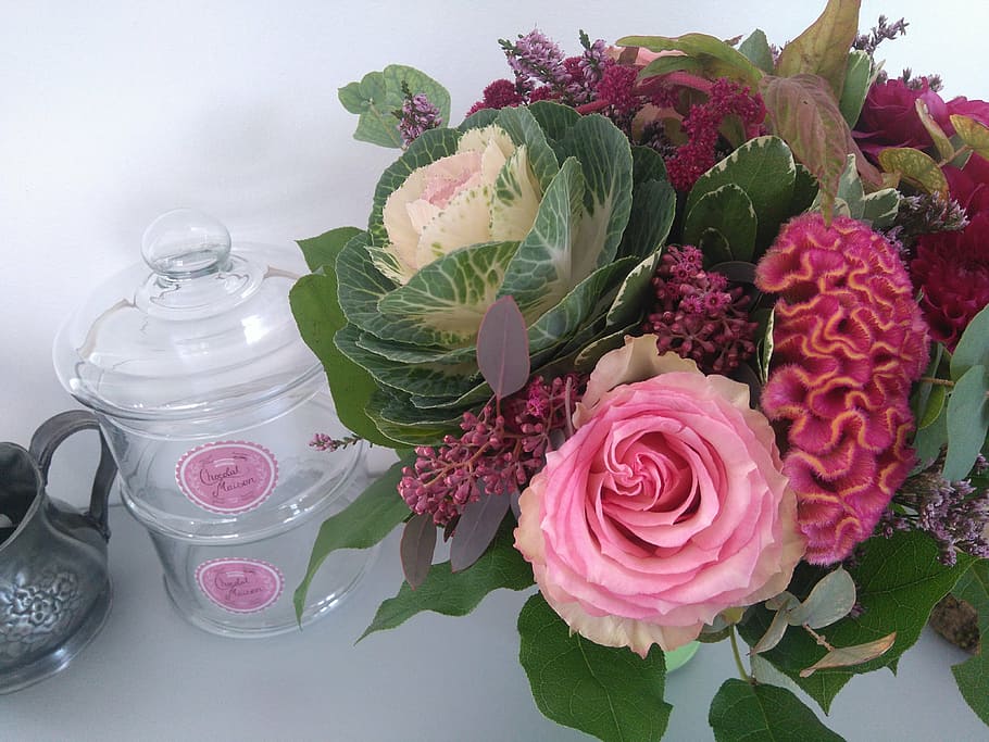 bouquet, flowers, pink, cabbage ornamental, candy dishes, wedding, florist, artisan, roses, decoration