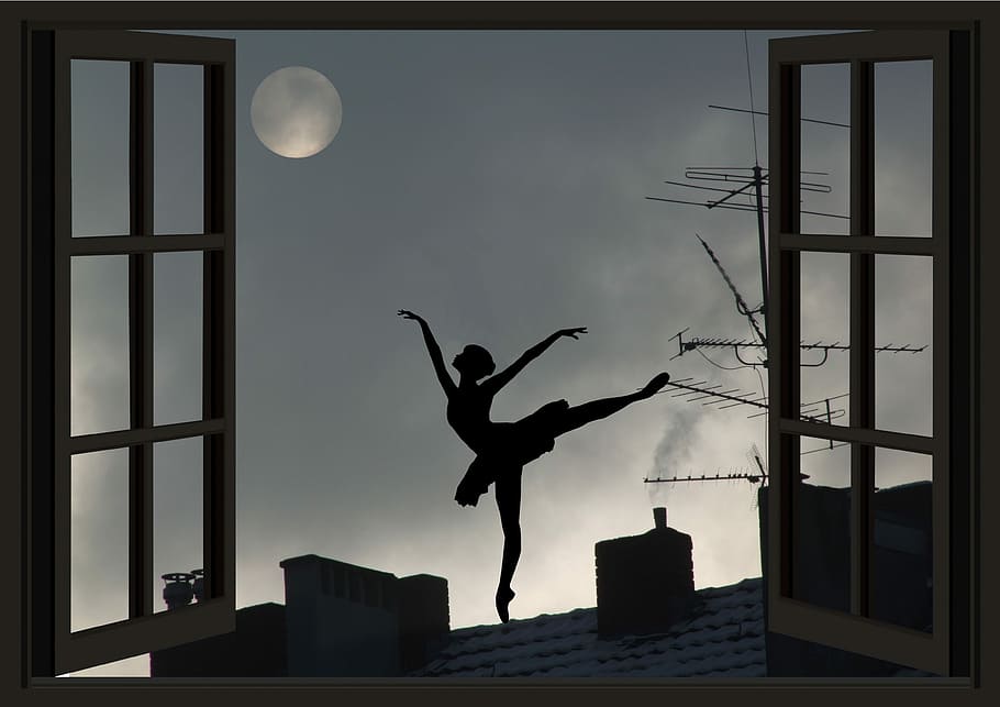 bailarina, foto de silueta de techo, luna, luna adicta, universo, ventana, cielo, luz, silueta, noche