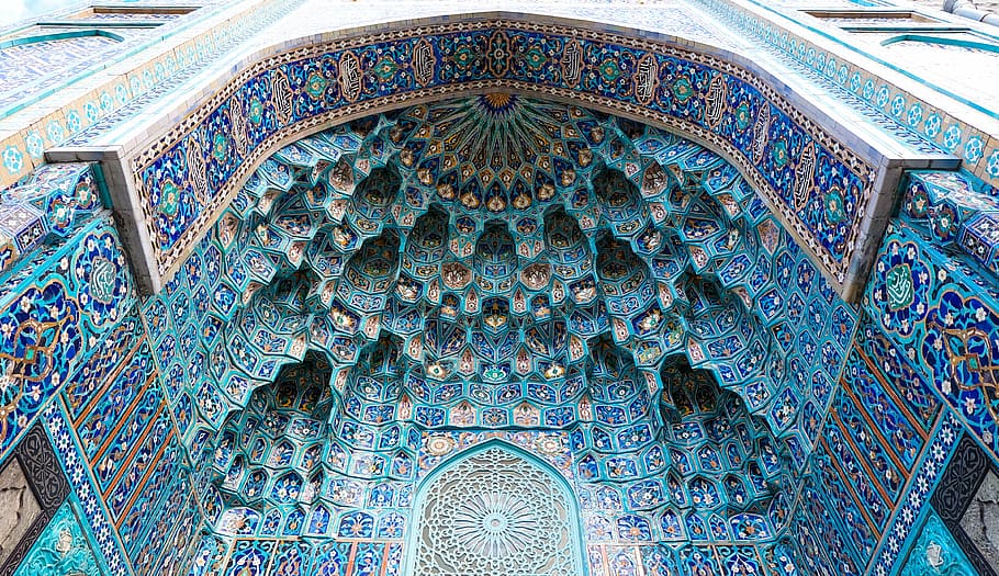 azul, marrom, pintado, ponto de referência, mesquita, são petersburgo rússia, entrada, religião, muçulmano, arquitetura