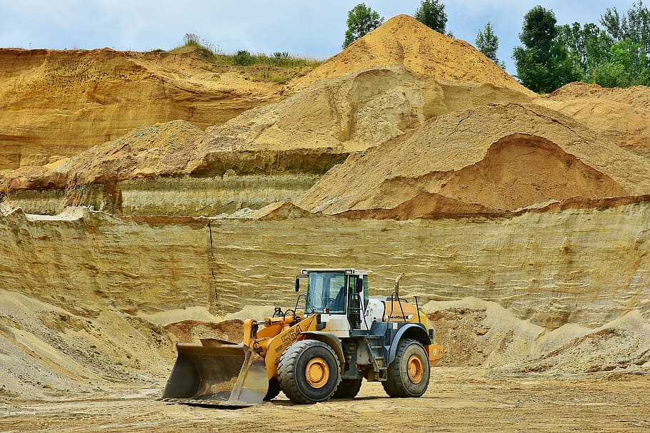 yellow, white, backhoe loader, Open Pit Mining, Sand, Raw Materials, removal, sandpit, truck, excavators