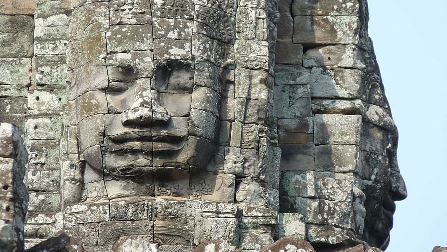 cambodia, angkor, temple, siem reap, face, ruin, angkor wat, archaeology, sculpture, history