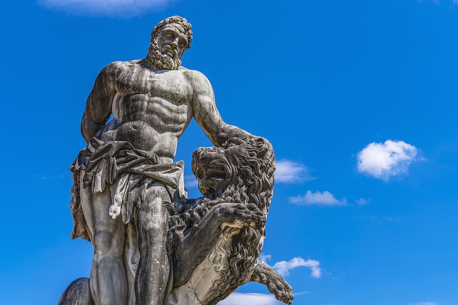 hombre, tenencia, estatua del león, estatua de Hércules, Giuseppe Volpini, Schleißheim, castillo, Baviera, Unterschleissheim Alemania, Alemania