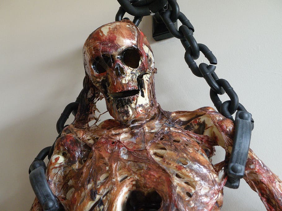 white, skeleton decor, hanging, wall, corpse, halloween, scary, chains, blood, death