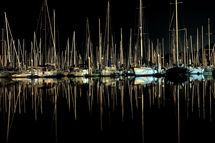 fotografia de reflexão, alinhado, vela, barcos, foto, Veleiros, calma, corpo, agua, noite