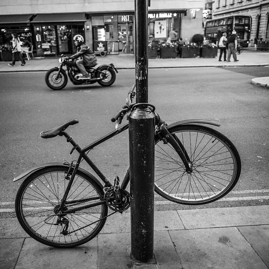 two wheeled vehicle, city, motorcycle, bike, close, theft, cycling, locomotion, wheel, road