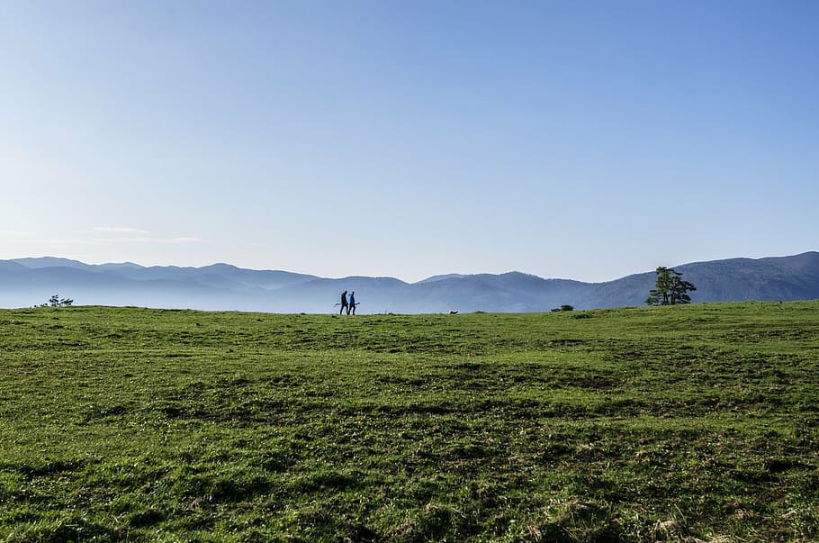 landscape, meadow, mountains, persons, hiking, horizon, hills, morning, mist, fog