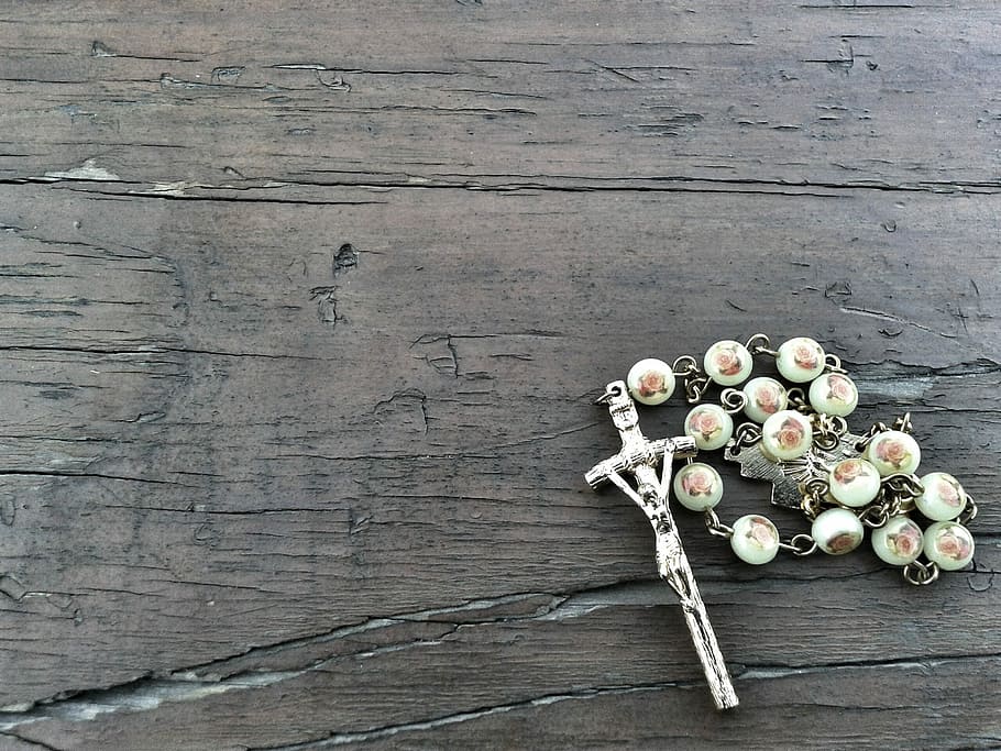 silver-colored, white, brown, wooden, surface\, Rosary, Catholicism, Wood, Crucifix, close-up