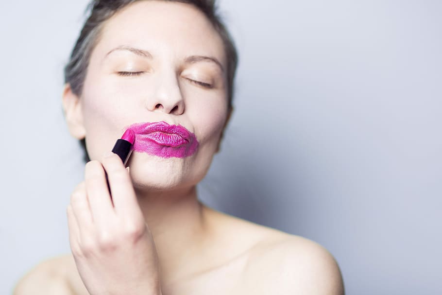 woman, using, pink, lipstick, pink lipstick, people, whimsical, lazy, lady, women
